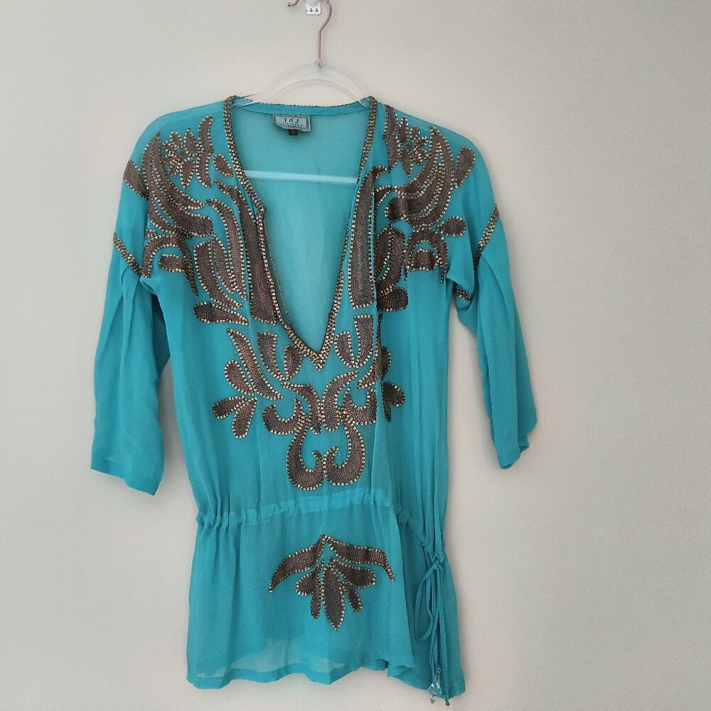 TAJ turquoise embroidered tie waist boho 100% silk tunic/top size S
